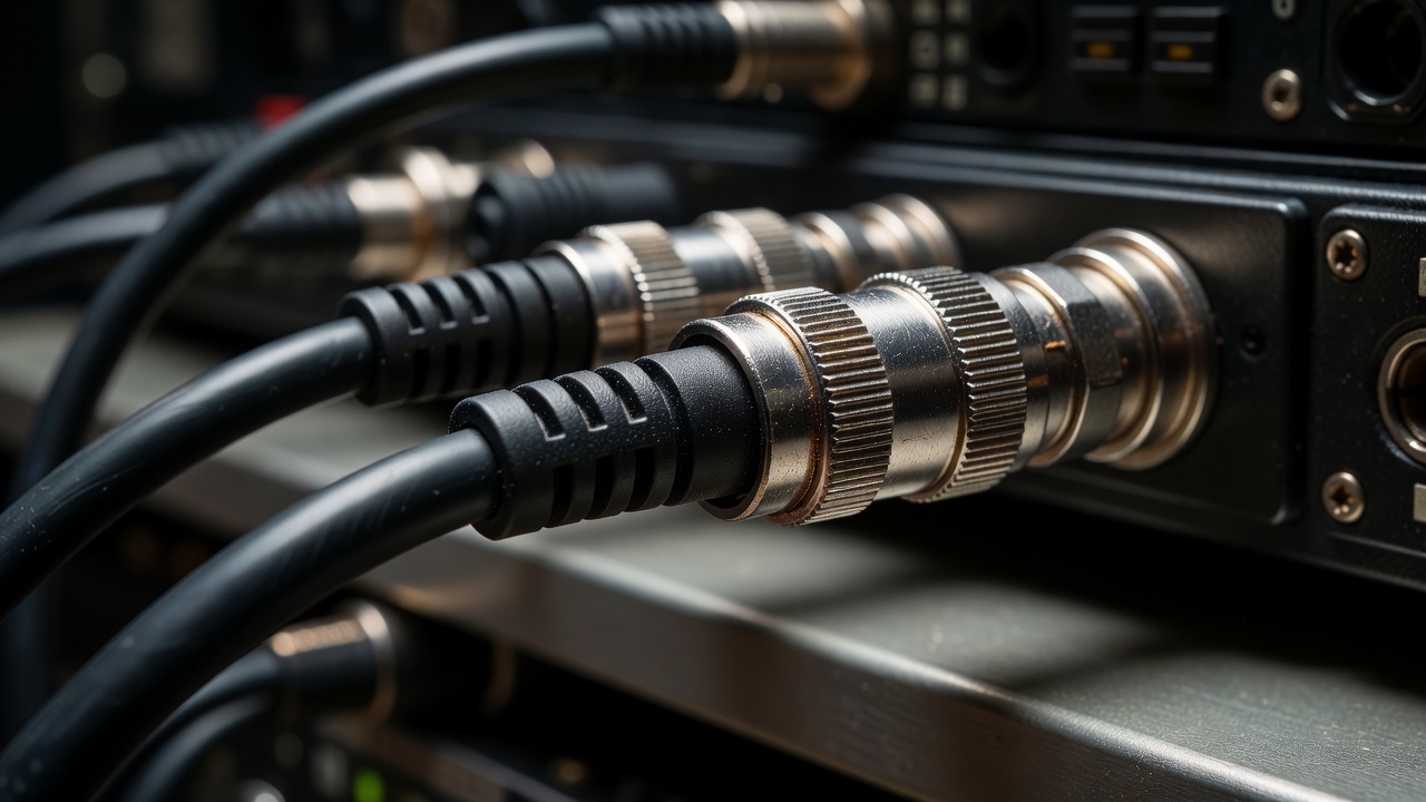 Close detail of a broadcast cable connection used in a camera signal chain