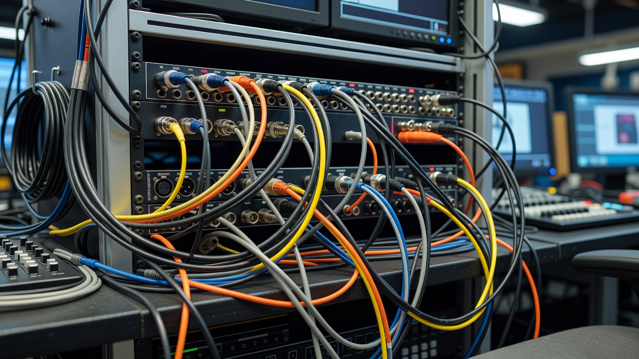 Broadcast video and communications cables connected at a sports production position