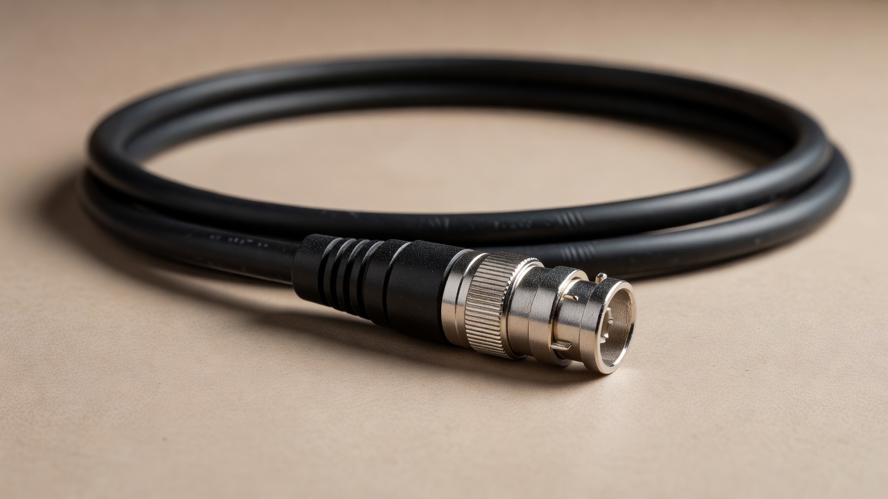 Close-up of a broadcast camera cable and connector on a warm neutral surface