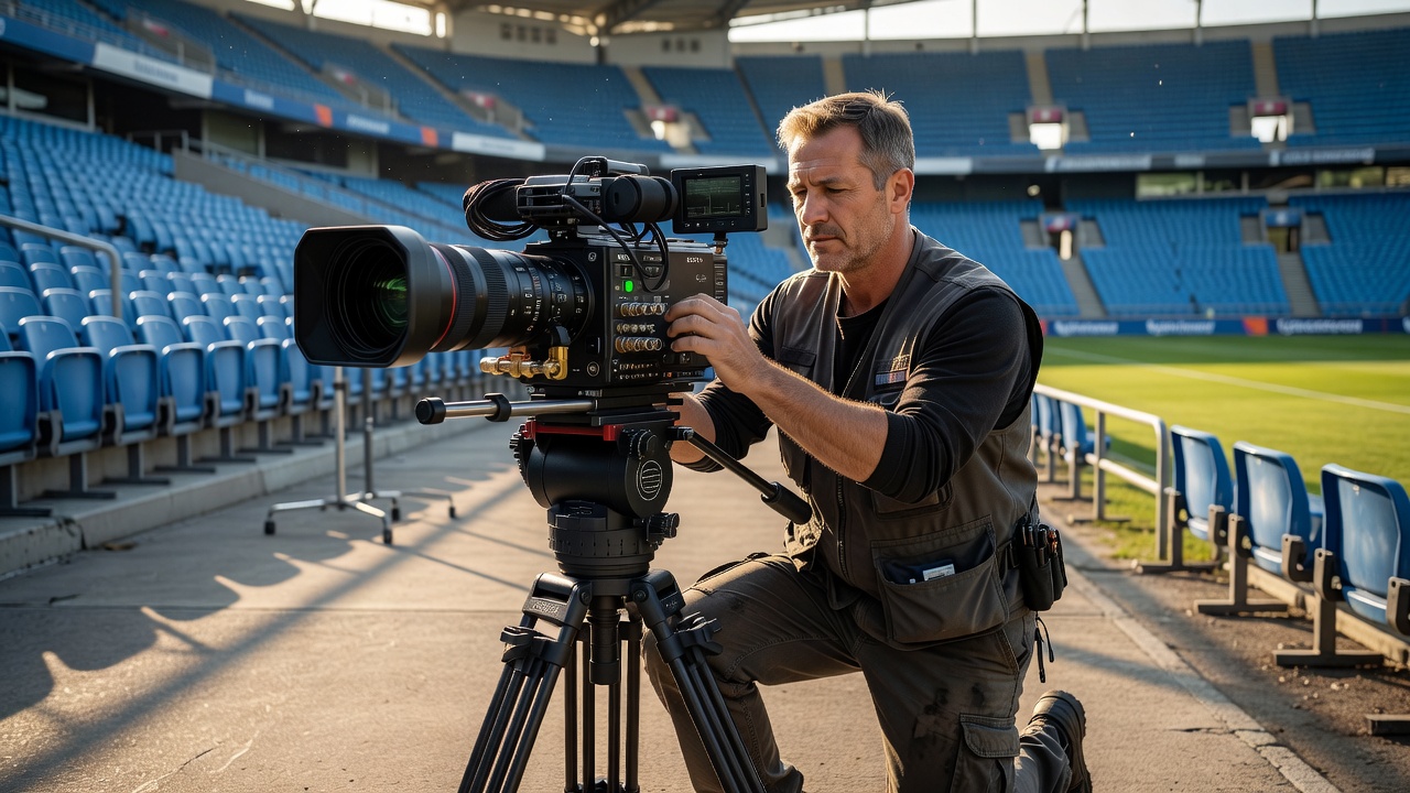 Camera operator checking a broadcast camera beside a sports venue