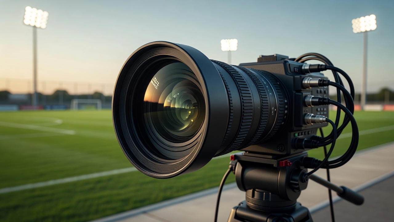 Close-up broadcast camera lens trained on a sports field