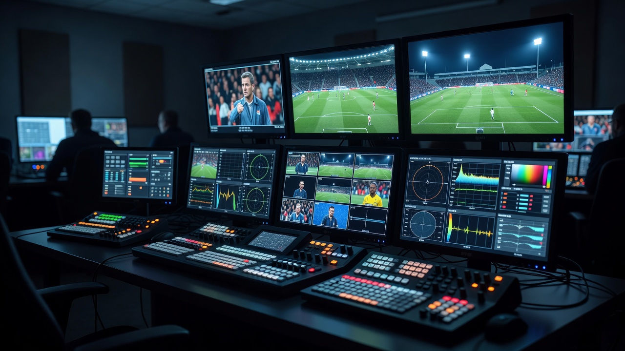 Live sports production desk with camera feeds visible on multiview monitors