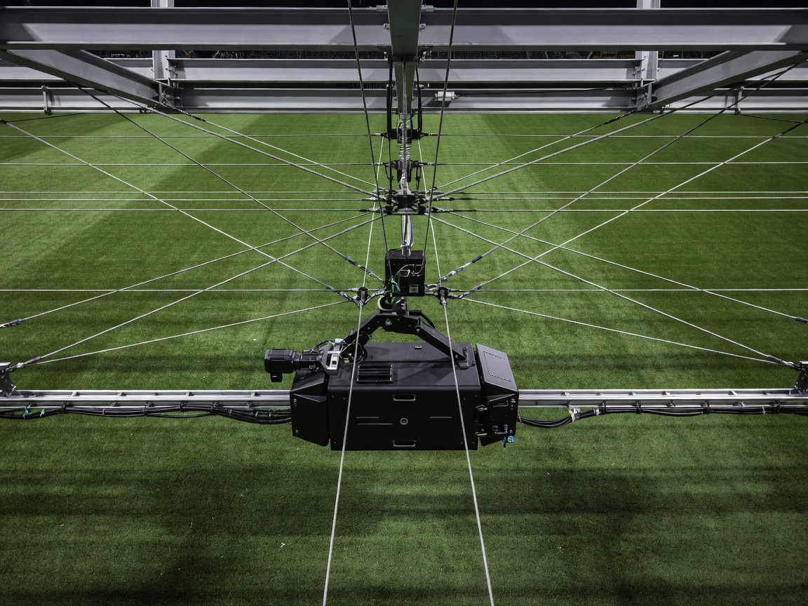Overhead broadcast rigging cables and camera carriage above a playing surface