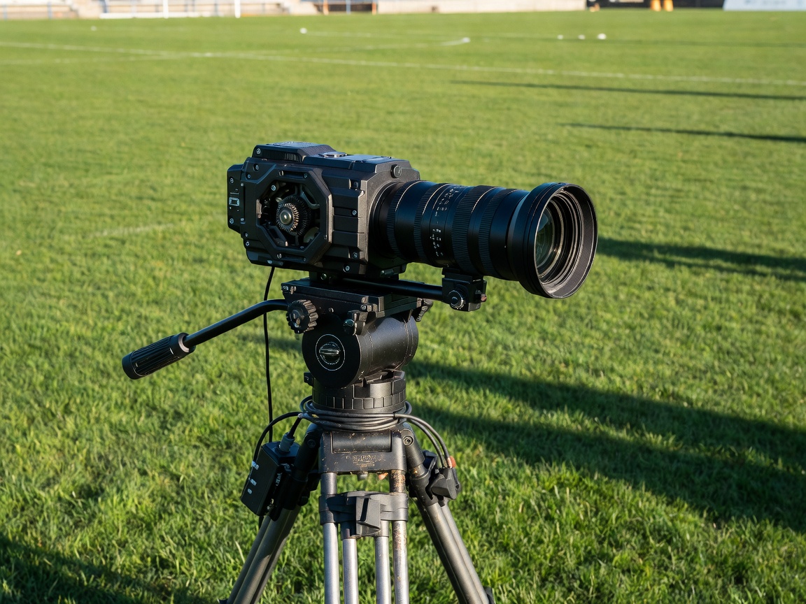 Broadcast tracking camera head and lens beside a sports field